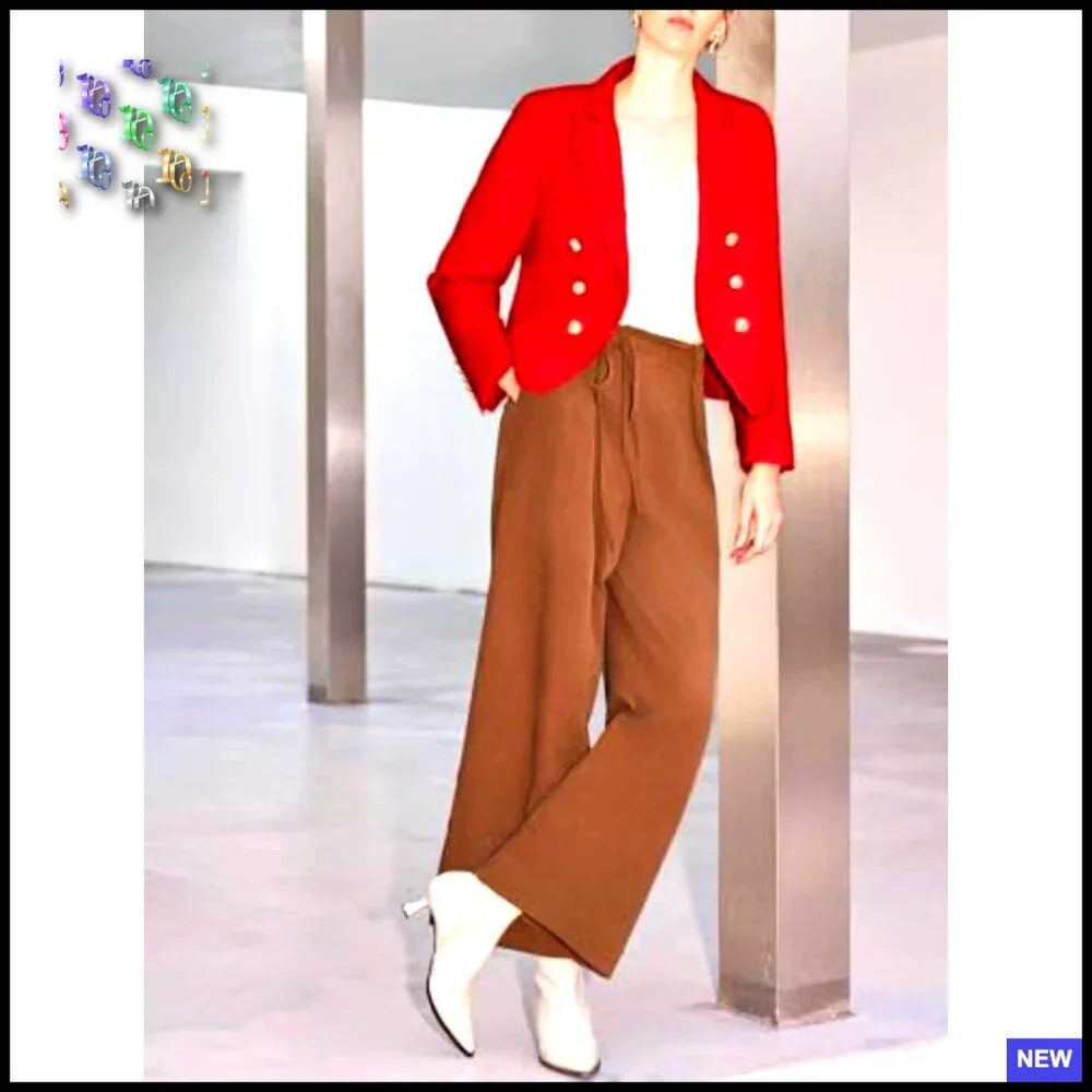 Cropped Tweed Blazer Long Sleeve Lapel Open Front Pockets Professional Chic - Picture 5 of 5